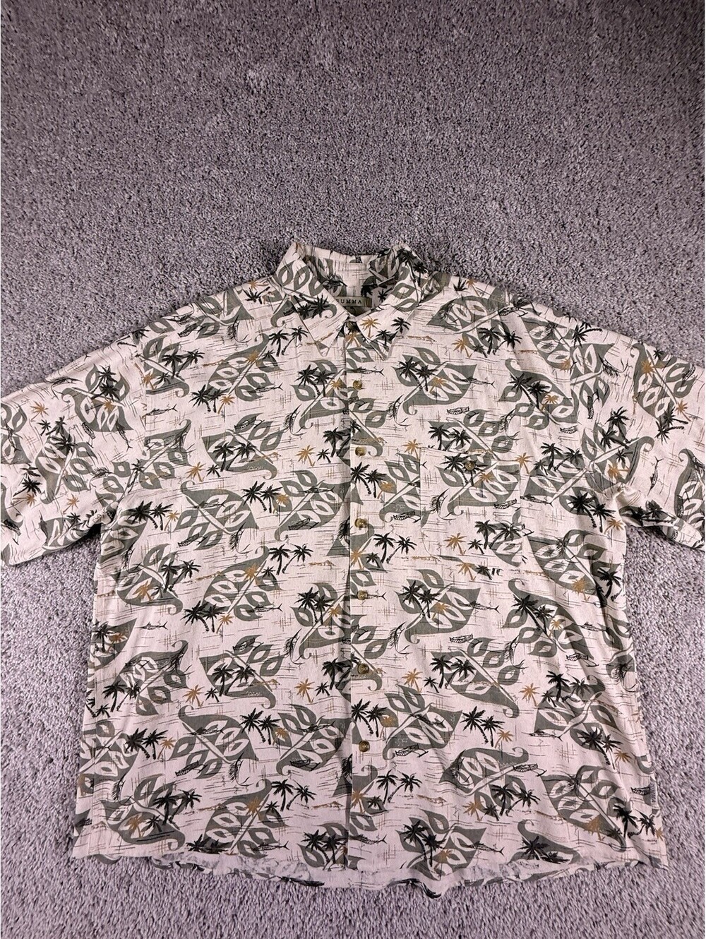 Summa  Men’s 100% Silk Shirt Size 3X Short Sleeve Beige Green Button Down
